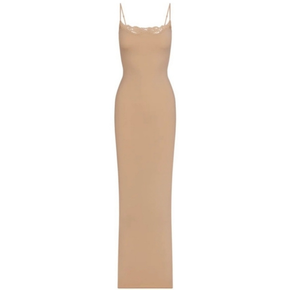 Skims fits every body lace long slip dress nude